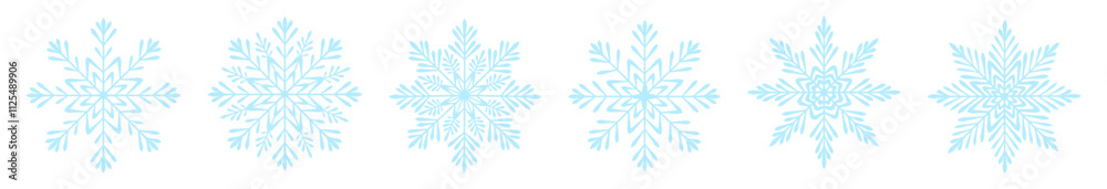 Set of light blue snowflakes in cartoon style.Vector illustration of beautiful winter,different shapes and sizes of snowflakes isolated on white background. Holiday. New Year. Christmas.Winter season. Set of light blue snowflakes in cartoon style.Vector illustration of beautiful winter,different shapes and sizes of snowflakes isolated on white background. Holiday. New Year. Christmas.Winter season.