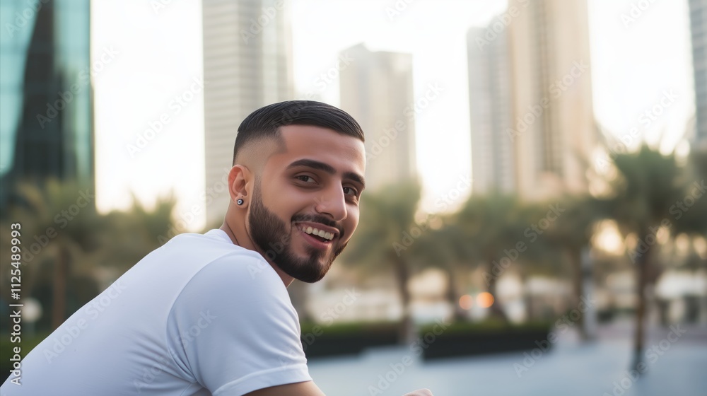 Man with a beard and earrings is smiling in front of a building Man with a beard and earrings is smiling in front of a building