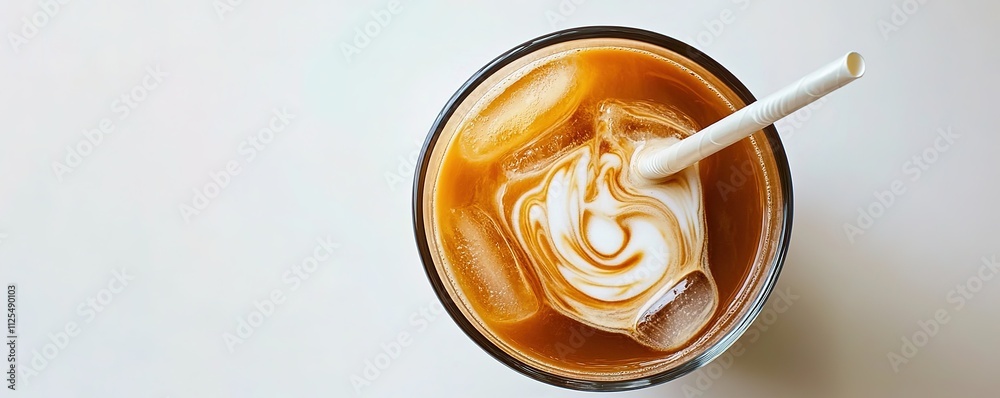 Swirl pattern in caramel-colored iced coffee with cream. Swirl pattern in caramel-colored iced coffee with cream.