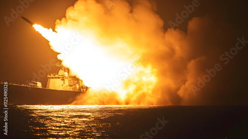 A U.S. Navy destroyer firing a Tomahawk missile during a live-fire exercise.