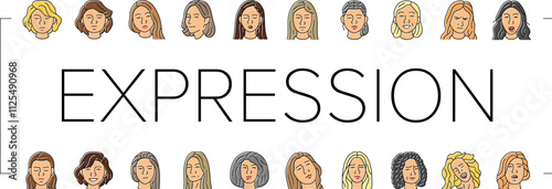 facial expression female smile icons set vector. pout smirk, glare wink, blush scowl, grin sneer, beam, grimace pout, sulk, glower facial expression female smile color line illustrations