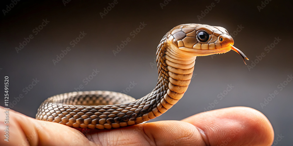 Fototapeta premium A person gently holds a snake in their hand, showcasing its unique patterns and calm demeanor. The setting features a soft-focus background, enhancing the snake's beauty