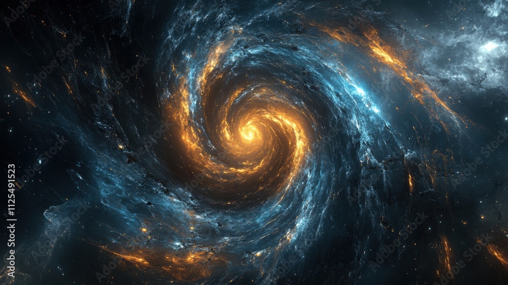 A mesmerizing cosmic scene of a swirling galaxy with a bright central core, surrounded by stars and mysterious dark matter.