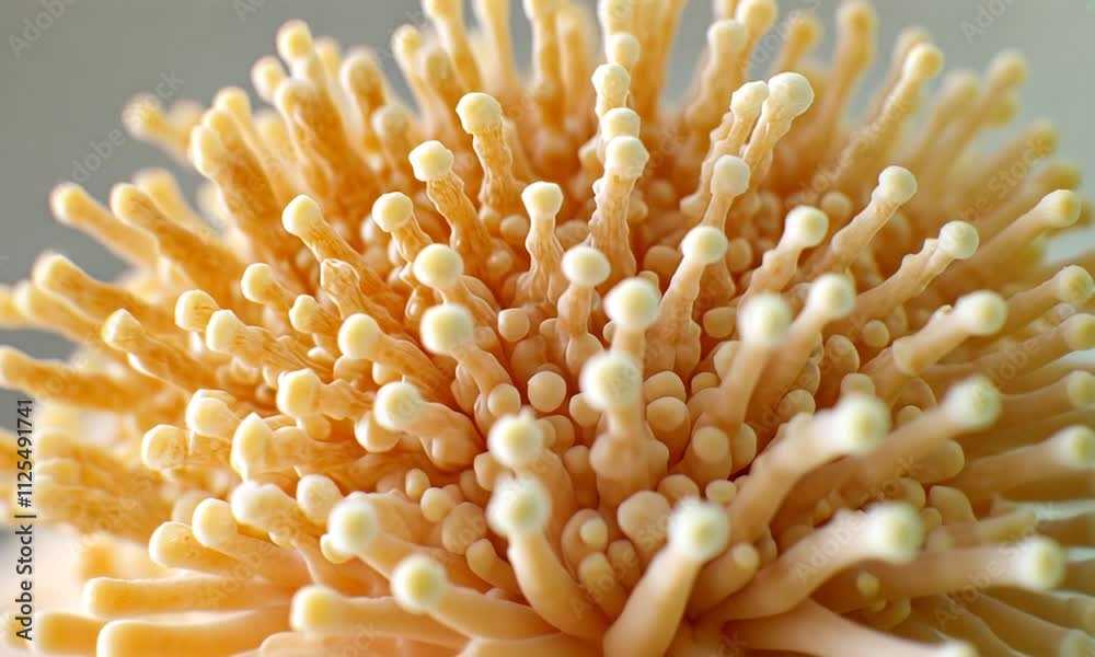 Microscopic Wonders: A close-up, abstract view of a vibrant, peach-colored fungi, capturing the intricate details of its unique structure. Microscopic Wonders: A close-up, abstract view of a vibrant, peach-colored fungi, capturing the intricate details of its unique structure.