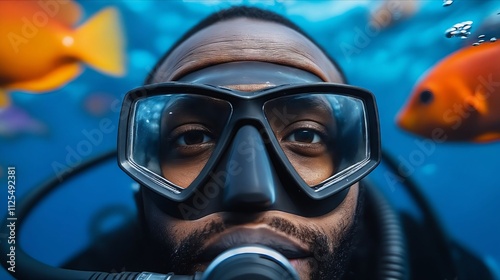 A man wearing a scuba mask and snorkel in front of a group of fish photo