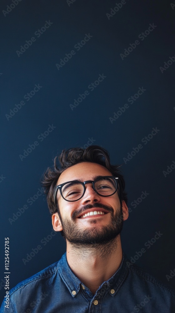 Fototapeta premium nerdy man with glasses smiling at camera on dark blue background with copy space vertically 9:16