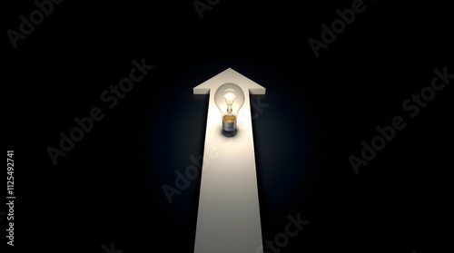 a white forward arrow with a light bulb, space for copy