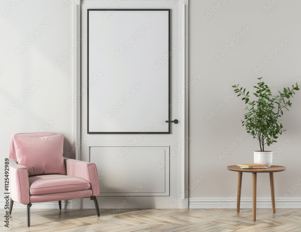 Minimalist living room interior with a pink armchair. wooden table and a potted plant next to a white door Minimalist living room interior with a pink armchair. wooden table and a potted plant next to a white door