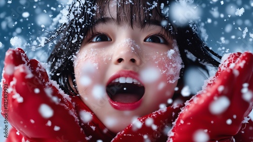 A little girl in a red jacket and red gloves in the snow