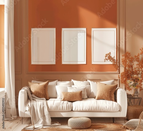 A white couch with brown pillows. a white throw. and a brown ottoman sits in front of a wall with three blank frames and an orange wall with wood molding