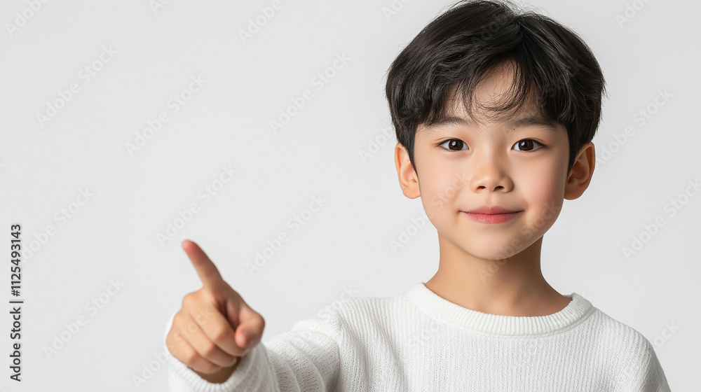 young boy with dark hair, smiling and pointing with his index finger young boy with dark hair, smiling and pointing with his index finger