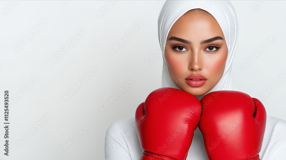 A woman wearing a white headscarf and red boxing gloves A woman wearing a white headscarf and red boxing gloves