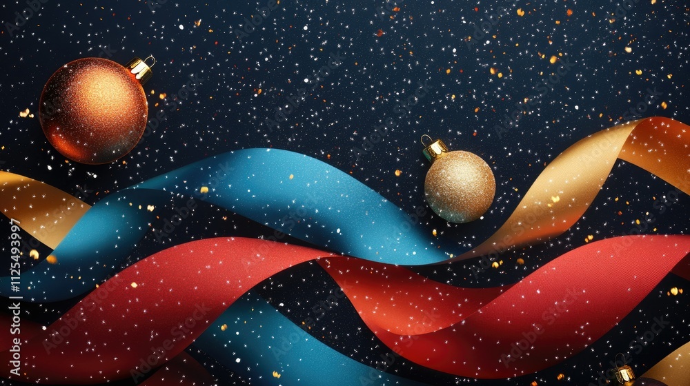 Fototapeta premium A cheerful New Year backdrop featuring bold red and blue curves, golden Christmas ornaments, and snow falling softly in a dark festive space