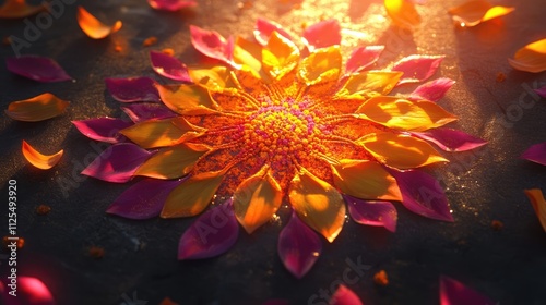 A festive rangoli design featuring an explosion of orange, yellow, and pink petals, illuminated by soft morning light. photo