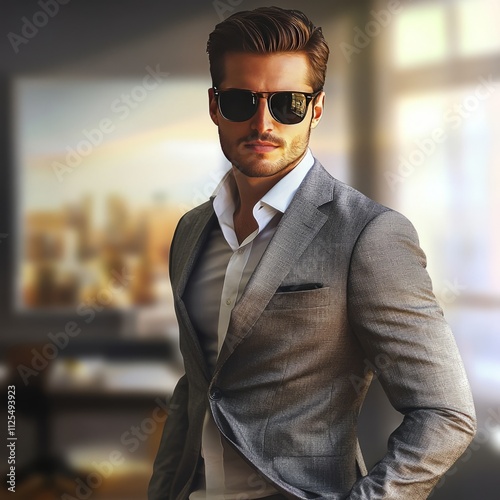 Businessman Portrait with Sunglasses and Blurred Office Background.Confident Businessman Wearing Sunglasses with Office Background