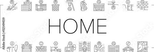 home maintenance cleaning icons set vector. plumbing roofing insulation, landscaping pest, hvac electrical, flooring siding home maintenance cleaning black contour illustrations