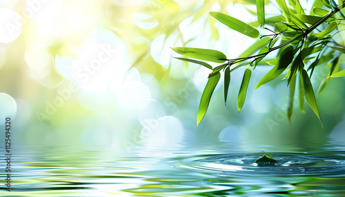 spa background banner with green bamboo leaf on white transparent water wave in sunlight, beautiful concept wallpaper with copy space