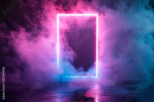 Glowing neon rectangle enveloped in smoke photo