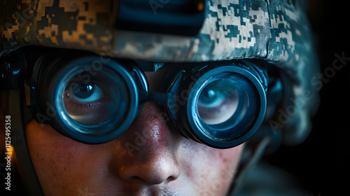 Soldiers conducting a night-time urban warfare drill with night-vision goggles.