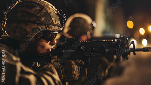 Soldiers conducting a night-time urban warfare drill with night-vision goggles.