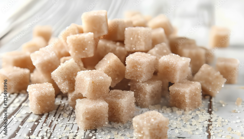 Heap of brown sugar cubes on white wooden table, closeup Heap of brown sugar cubes on white wooden table, closeup