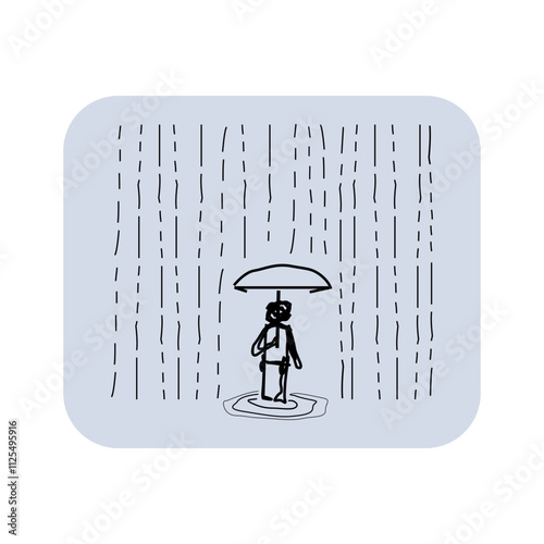 Person standing on rain with umbrella illustration minimal design