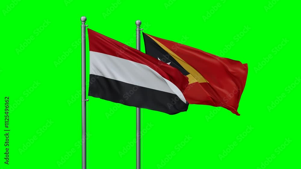 East Timor and Yemen flags flying together, video concept of the relationship with colored chroma key for easy background remove, two country cooperation concept East Timor and Yemen flags flying together, video concept of the relationship with colored chroma key for easy background remove, two country cooperation concept