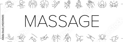massage therapy relaxation icons set vector. wellness healing, therapy stress, tension, rejuvenation holistic, bodywork, spa massage therapy relaxation black contour illustrations