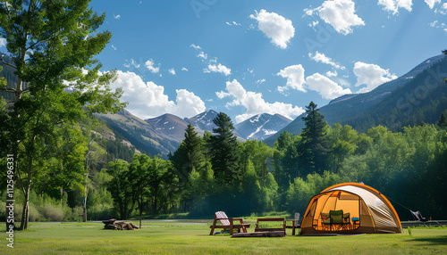 big brown dome camping tent in a green grass with trees and mountains. Taken in an afternoon with a clear blue sky with white clouds. There're chairs, table and camping equipments nearby