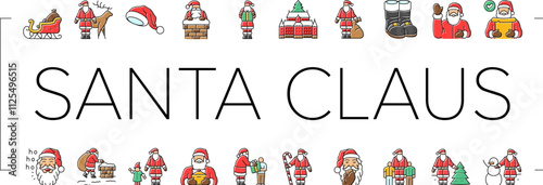 santa claus christmas reindeer icons set vector. sleigh northpole, elves gifts, jolly chimney, naughty nice tradition holiday festive santa claus christmas reindeer color line illustrations