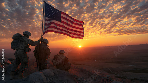 Soldiers raising the American flag on a remote outpost at sunrise.