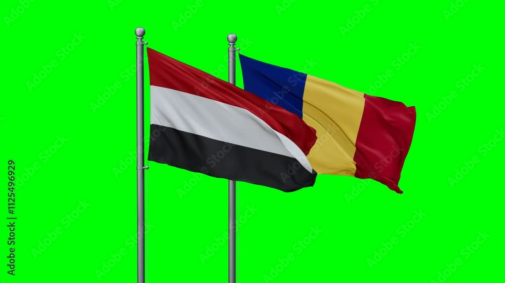 Romania and Yemen flags flying together, video concept of the relationship with colored chroma key for easy background remove, two country cooperation concept