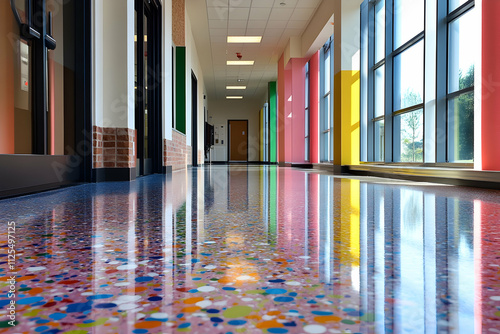 Clean-cut resin flooring with colorful flakes offering a durable, aesthetic finish