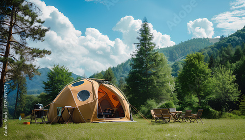 big brown dome camping tent in a green grass with trees and mountains. Taken in an afternoon with a clear blue sky with white clouds. There're chairs, table and camping equipments nearby