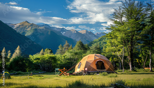 big brown dome camping tent in a green grass with trees and mountains. Taken in an afternoon with a clear blue sky with white clouds. There're chairs, table and camping equipments nearby