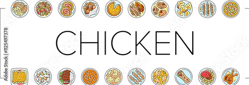 chicken dishes roast grilled icons set vector. fried baked, barbecue teriyaki, curry, casserole parmesan, piccata marsala, tandoori chicken dishes roast grilled color line illustrations