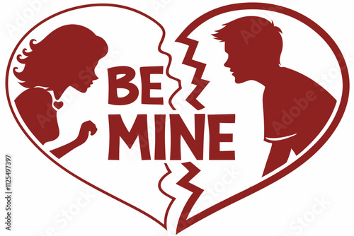 Be Mine inside a broken heart Bold lettering inside a heart divided into two halves vector on a white background