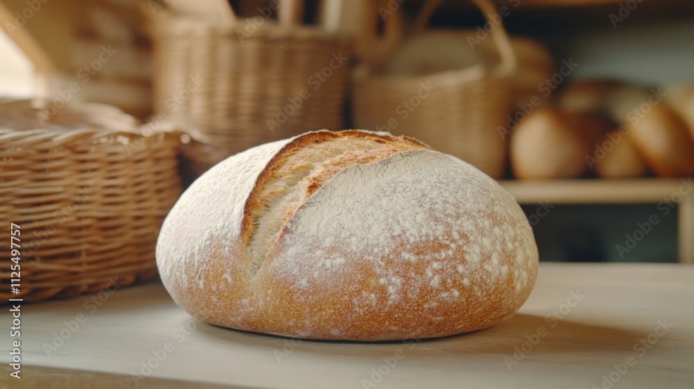 Freshly Baked Artisan Bread on Rustic Kitchen Counter with Wicker Baskets Freshly Baked Artisan Bread on Rustic Kitchen Counter with Wicker Baskets