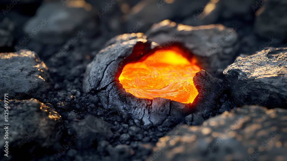 Close-up of hot lava spouting from a volcano flowing through black rocks. lava, coal texture background. Ember. Illustration Close-up of hot lava spouting from a volcano flowing through black rocks. lava, coal texture background. Ember. Illustration