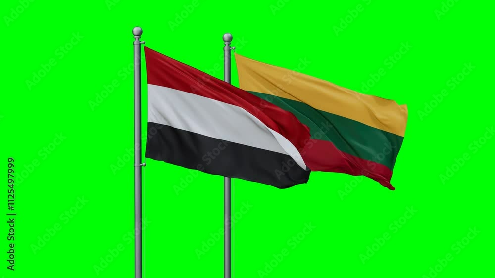 Lithuania and Yemen flags flying together, video concept of the relationship with colored chroma key for easy background remove