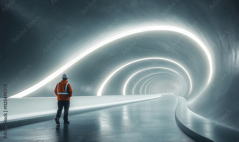 A worker in a hard hat walks in an empty illuminated tunnel. A worker in a hard hat walks in an empty illuminated tunnel.