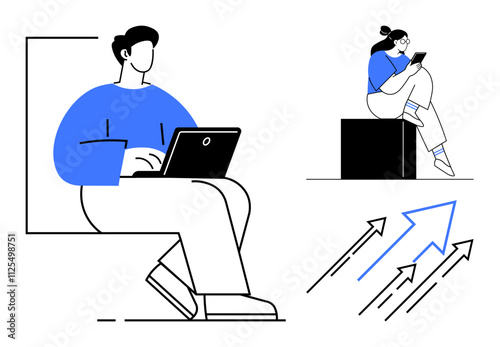 Person using laptop, another on a tablet, with arrows symbolizing upward movement. Ideal for business growth, technology, education, remote work, productivity social media digital marketing. Line