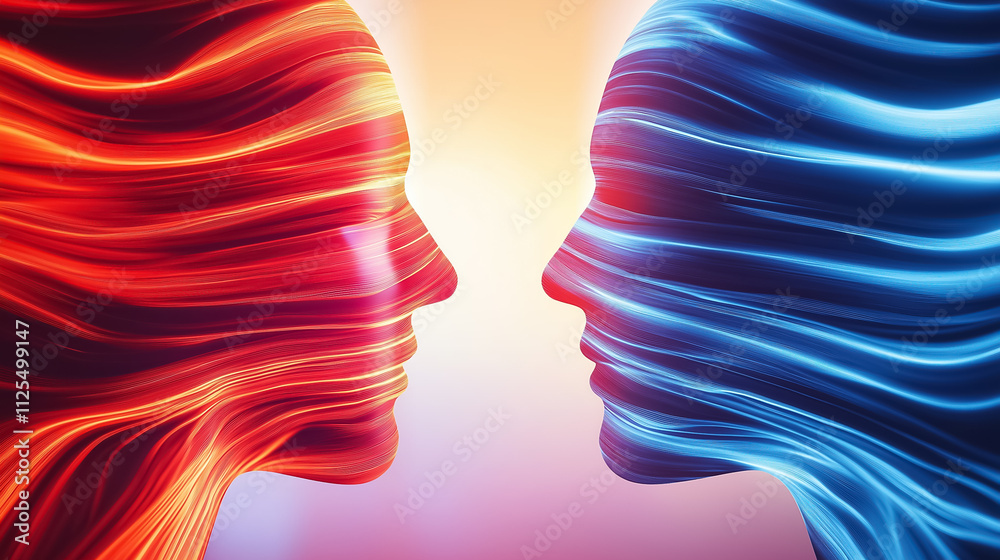 Fototapeta premium Two human profiles face each other, surrounded by flowing energy fields in warm and cool colors, evoking emotions