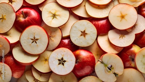 A vibrant collection of fresh apple slices showcasing the intricate natural patterns and textures of the fruit. Perfect for themes related to food, freshness, and healthy eating. Background photo