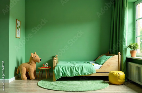 Modern interior of children room green color, playroom in house. AI Generative