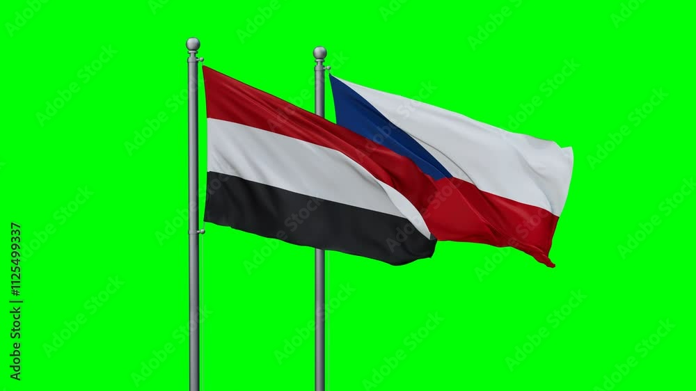 Czech Republic and Yemen flags flying together, video concept of the relationship with colored chroma key for easy background remove Czech Republic and Yemen flags flying together, video concept of the relationship with colored chroma key for easy background remove