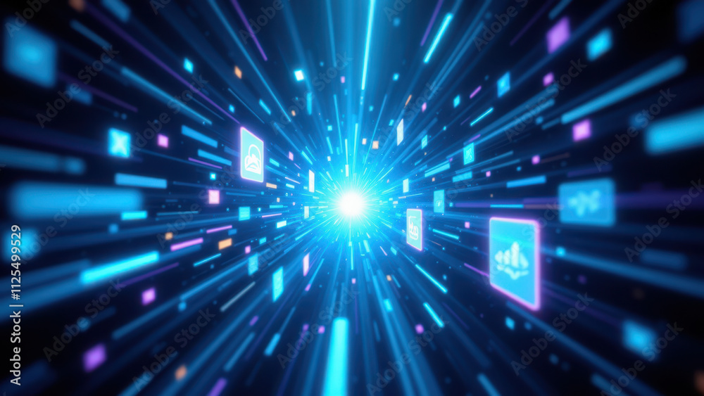 Obraz premium Futuristic data transfer with a digital tunnel effect emphasizing RAG, Retrieval Augmented Generation.