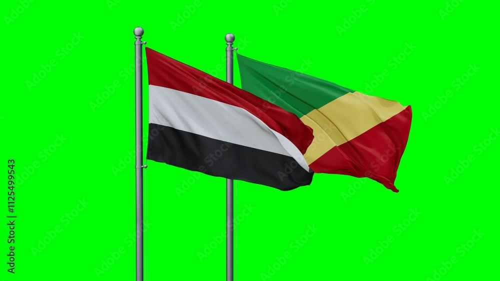 Republic of the Congo and Yemen flags flying together, video concept of the relationship with colored chroma key for easy background remove Republic of the Congo and Yemen flags flying together, video concept of the relationship with colored chroma key for easy background remove