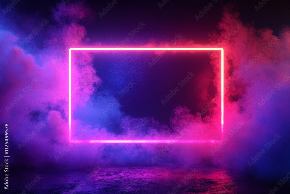 Glowing neon rectangle amidst swirling smoke, soft reflections, purple and blue lighting Glowing neon rectangle amidst swirling smoke, soft reflections, purple and blue lighting