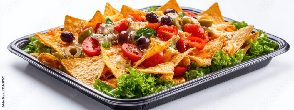 A vibrant platter of nachos topped with fresh tomatoes, olives, and greens, presented on a black tray. A vibrant platter of nachos topped with fresh tomatoes, olives, and greens, presented on a black tray.